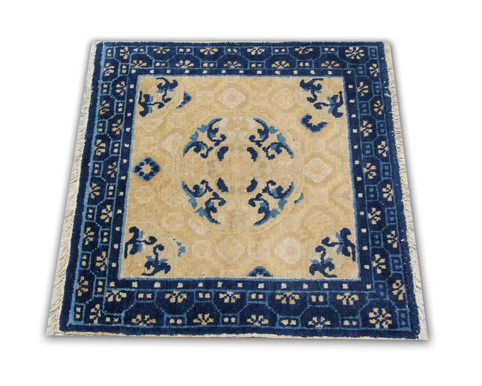 This wool rug is one the unusual rugs of the 1880s which are Art Deco rugs in the most excellent condition with gold background color contrasting the light brown border and the motives. This patterned rug is a combination of a floral rug and