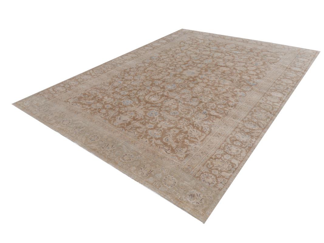 Tabriz Rug Classic Vintage Rug Muted Gray Beige Brown Hand Knotted Neutral For Sale 3