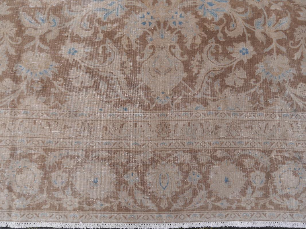 Tabriz Rug Classic Vintage Rug Muted Gray Beige Brown Hand Knotted Neutral For Sale 7