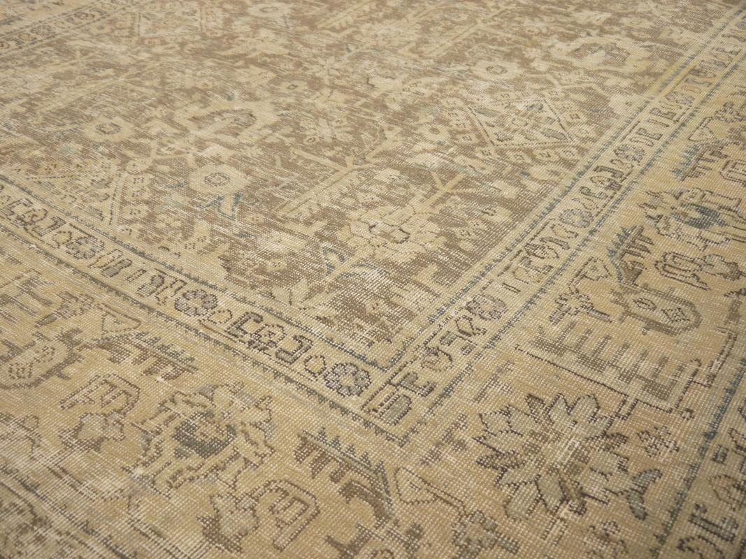 Tabriz Rug Classic Vintage Rug Muted Gray Beige Brown Hand Knotted Neutral For Sale 8