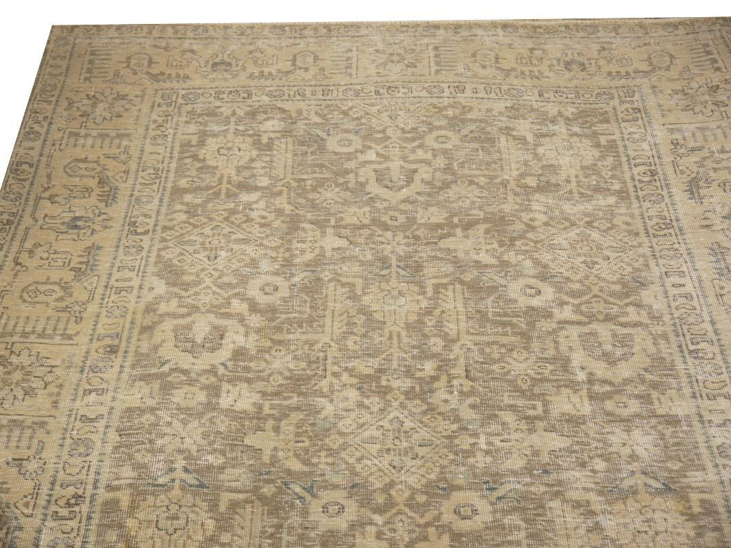 Tabriz Rug Classic Vintage Rug Muted Gray Beige Brown Hand Knotted Neutral For Sale 9
