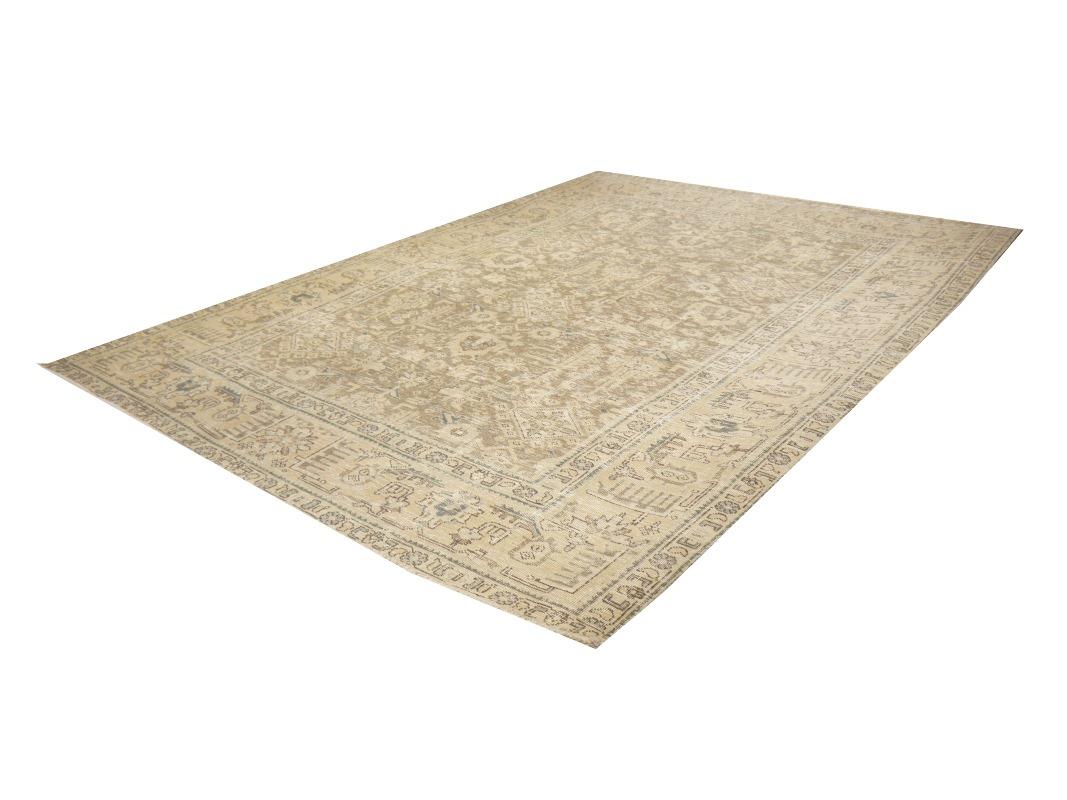 Tabriz Rug Classic Vintage Rug Muted Gray Beige Brown Hand Knotted Neutral For Sale 10