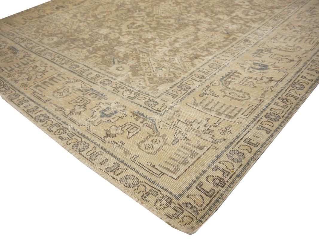 Tabriz Rug Classic Vintage Rug Muted Gray Beige Brown Hand Knotted Neutral For Sale 11