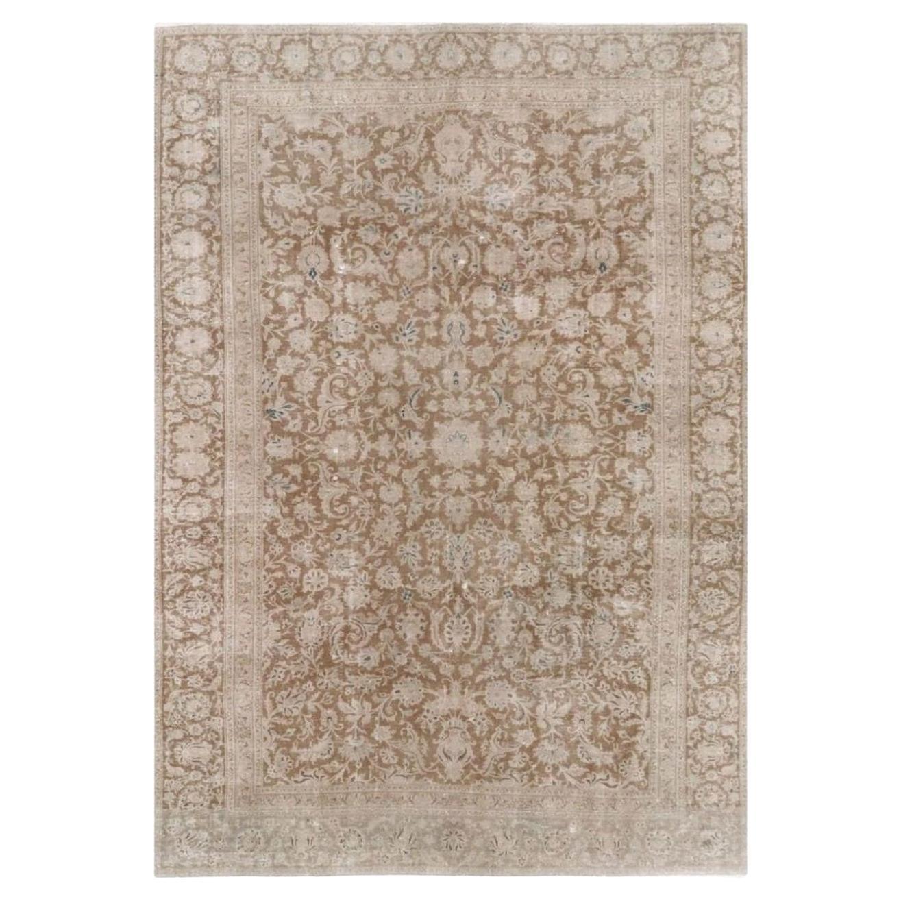 Tabriz Rug Classic Vintage Rug Muted Gray Beige Brown Hand Knotted Neutral For Sale