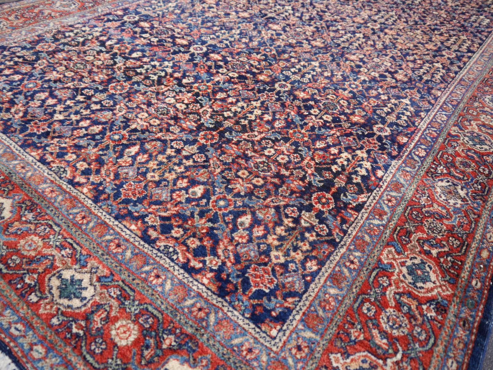 Antique Rug Early 20th Century Classic Carpet Blue and Rust For Sale 1