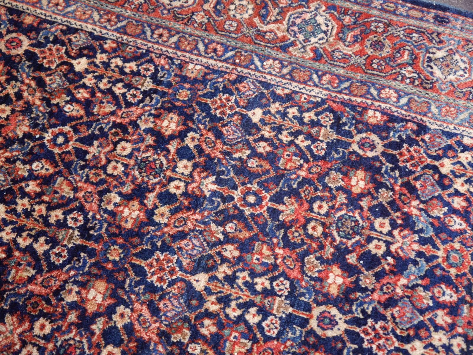 Azerbaijani Antique Rug Early 20th Century Classic Carpet Blue and Rust For Sale
