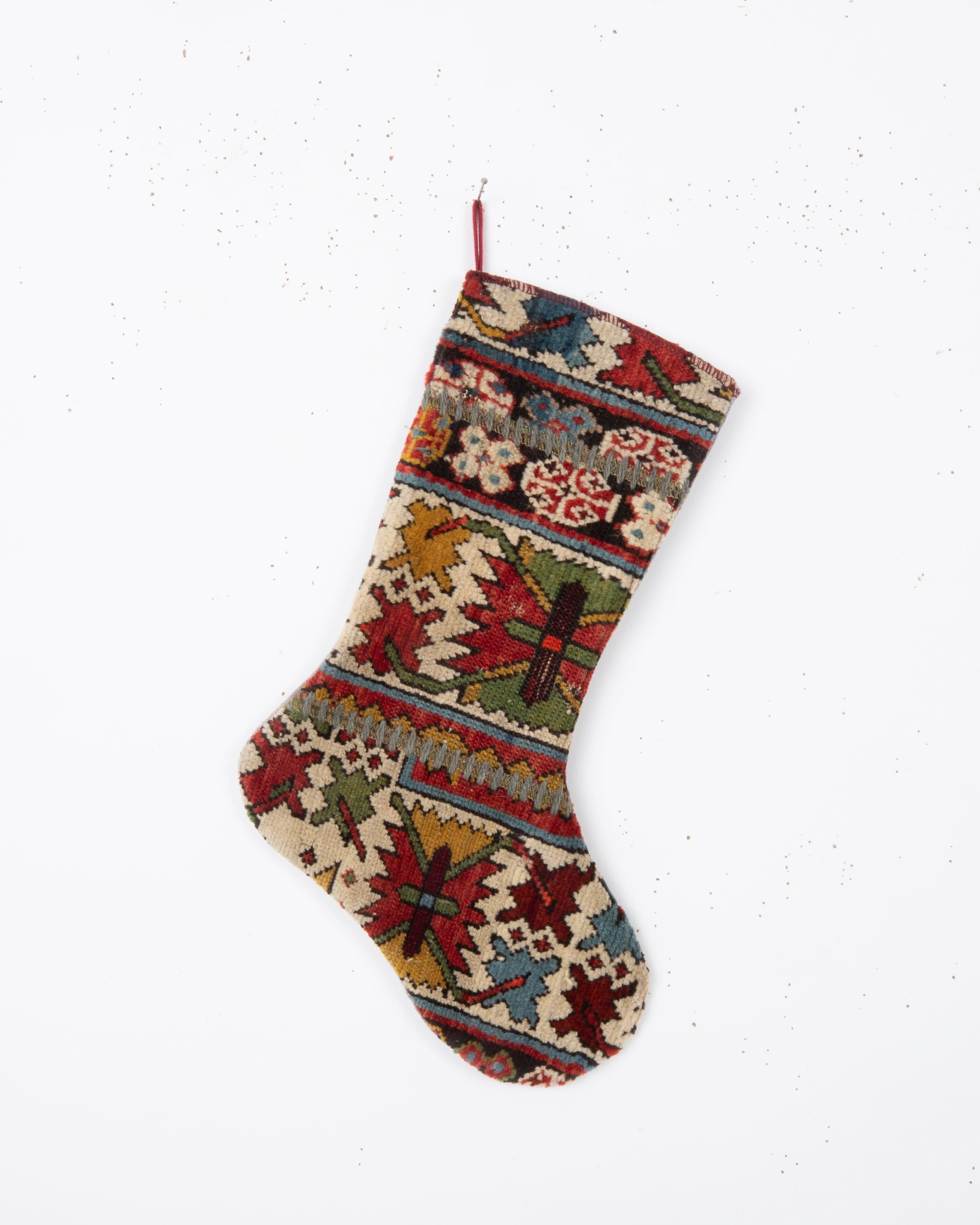Hand-Woven Antique Rug Fragment Christmas Stocking For Sale