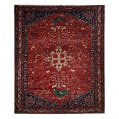 Antique Rug Handmade Carpet, Karabagh Oriental Red Wool Bedroom Rug for Sale