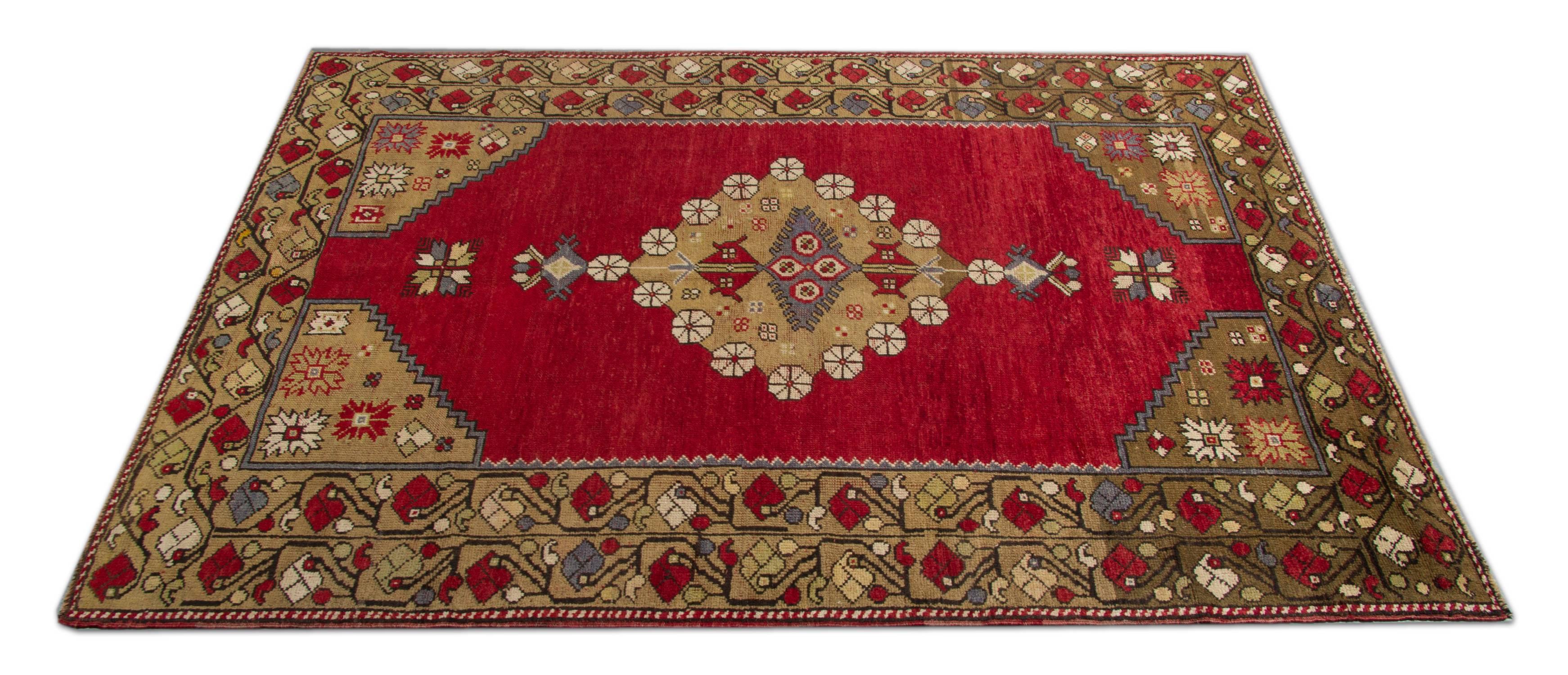 Old Handmade carpet Anatolian antique rugs with a red rug background and contrasting central gold medallion. This carpet Oriental rug is Ushak and is in excellent condition. It can be an excellent selection as living room rugs and dining room