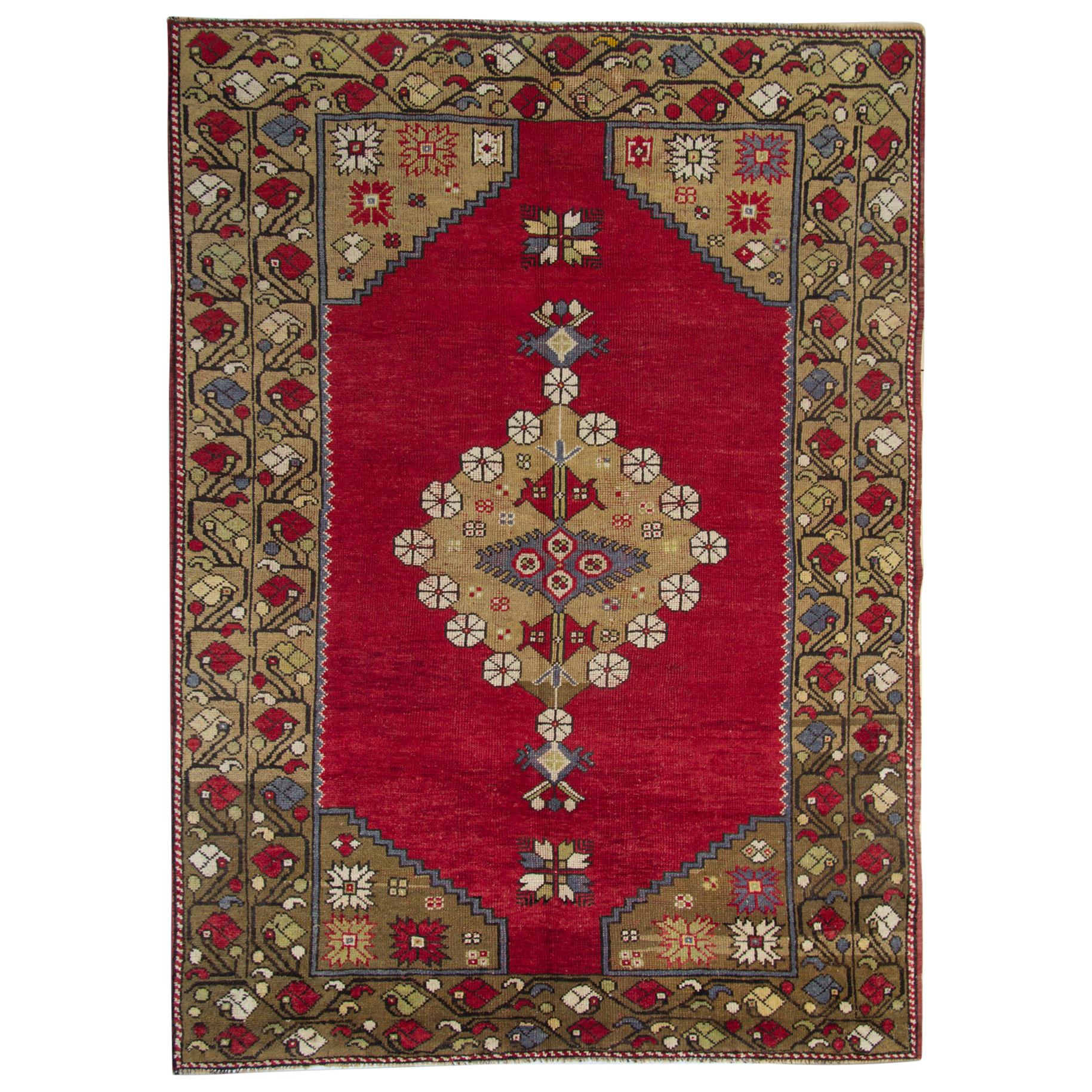 Tapis antique fait main, tapis turc d'Anatolie, tapis de salon rouge en vente