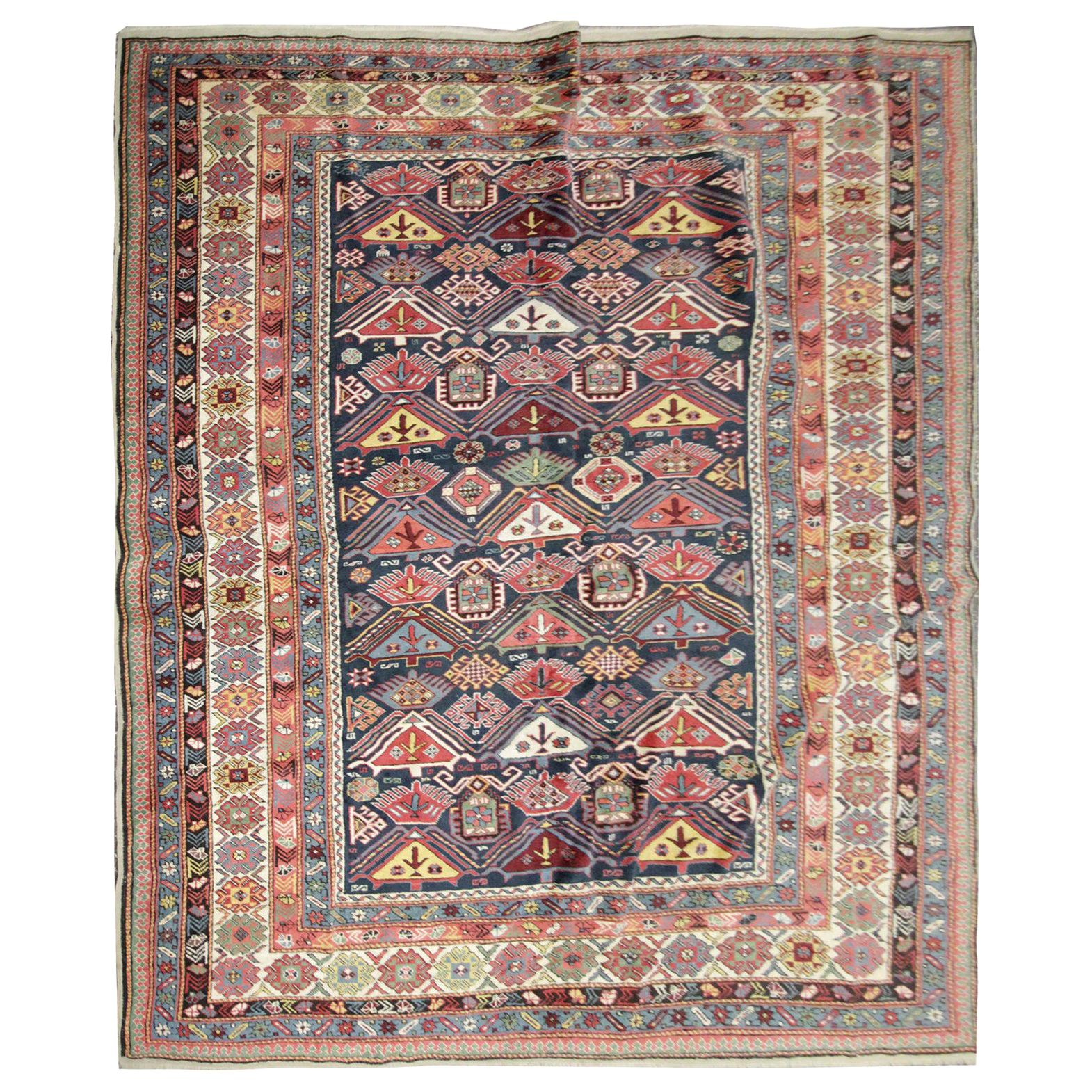 Antique Rug, Handmade Carpet Oriental Caucasian Rug, Living Room Rug for Sale For Sale