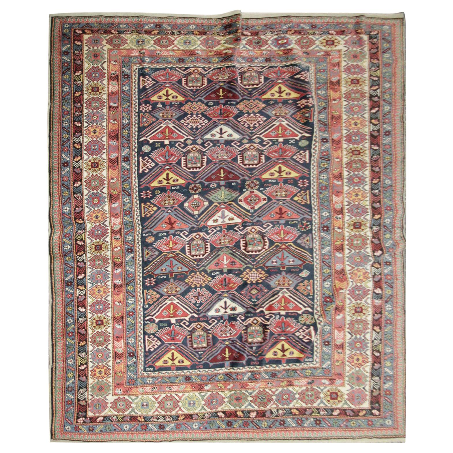 Antique Rug, Handmade Carpet Oriental Caucasian Rug, Living Room Rug for Sale For Sale