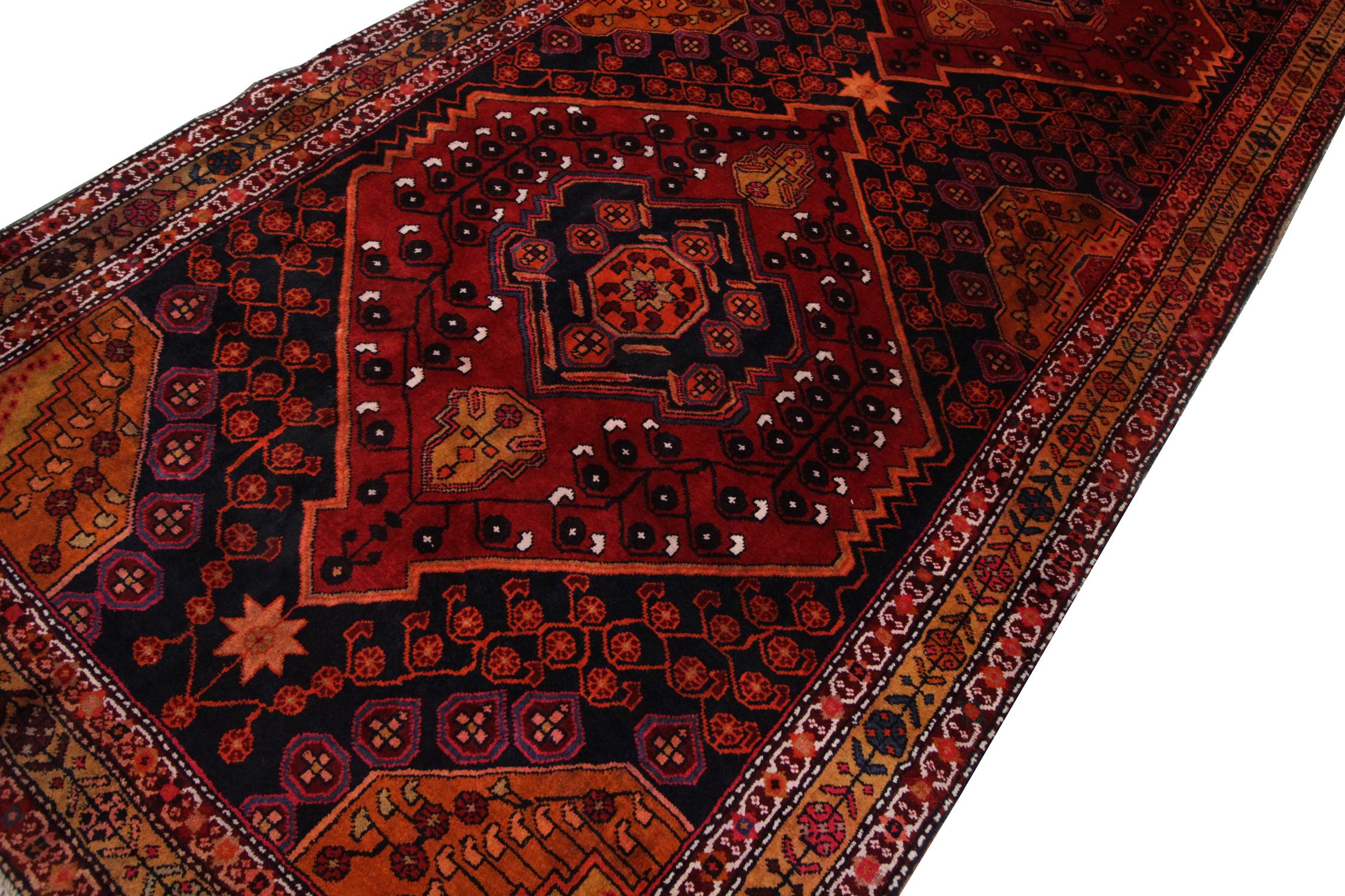 Antique rug handmade carpet with intricate design and deep oranges and reds, perfect for any modern or traditional home decor. This Oriental rug Caucasian runner rug had been handwoven and constructed with the finest hand-spun wool which is dyed