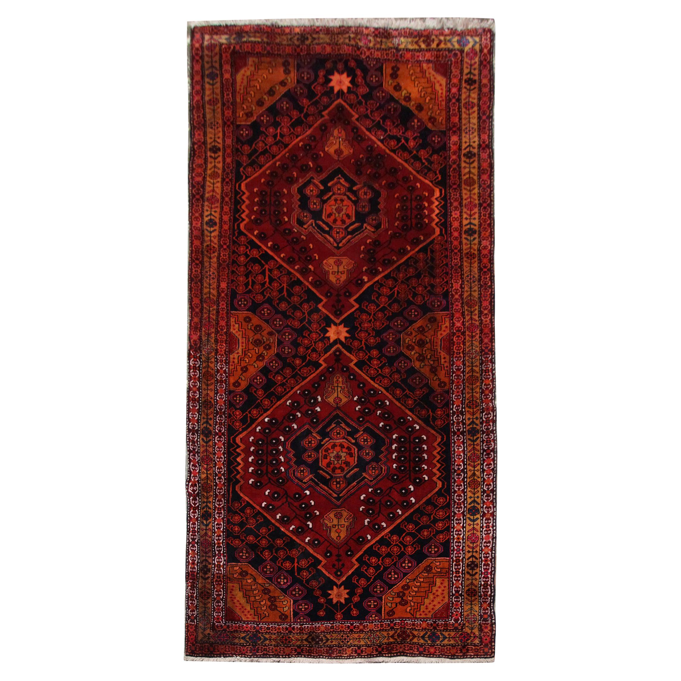 Antique Rug, Handmade Carpet Oriental Caucasian Runner, Rustic Living Room Rug