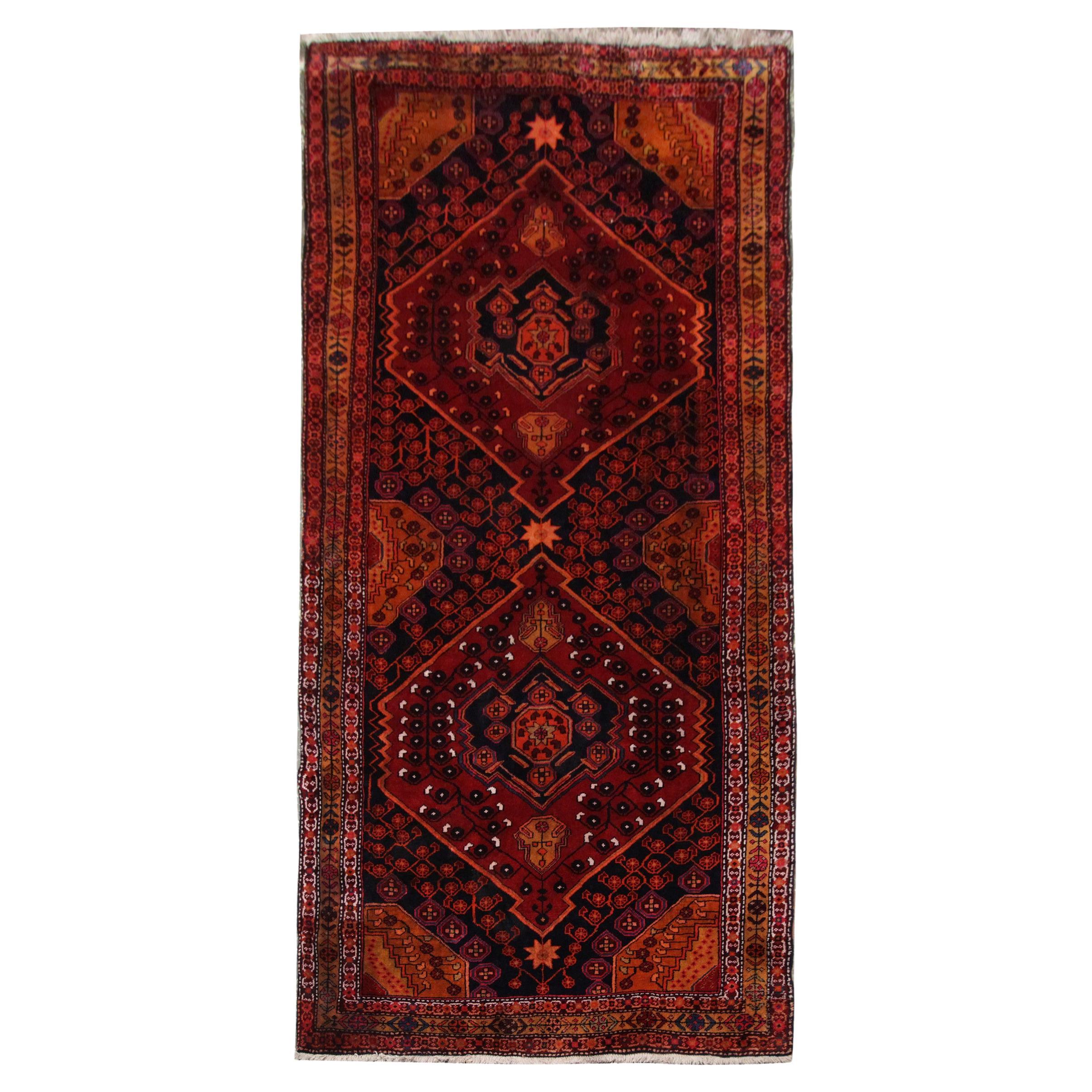 Antique Rug, Handmade Carpet Oriental Caucasian Runner, Rustic Living Room Rug For Sale