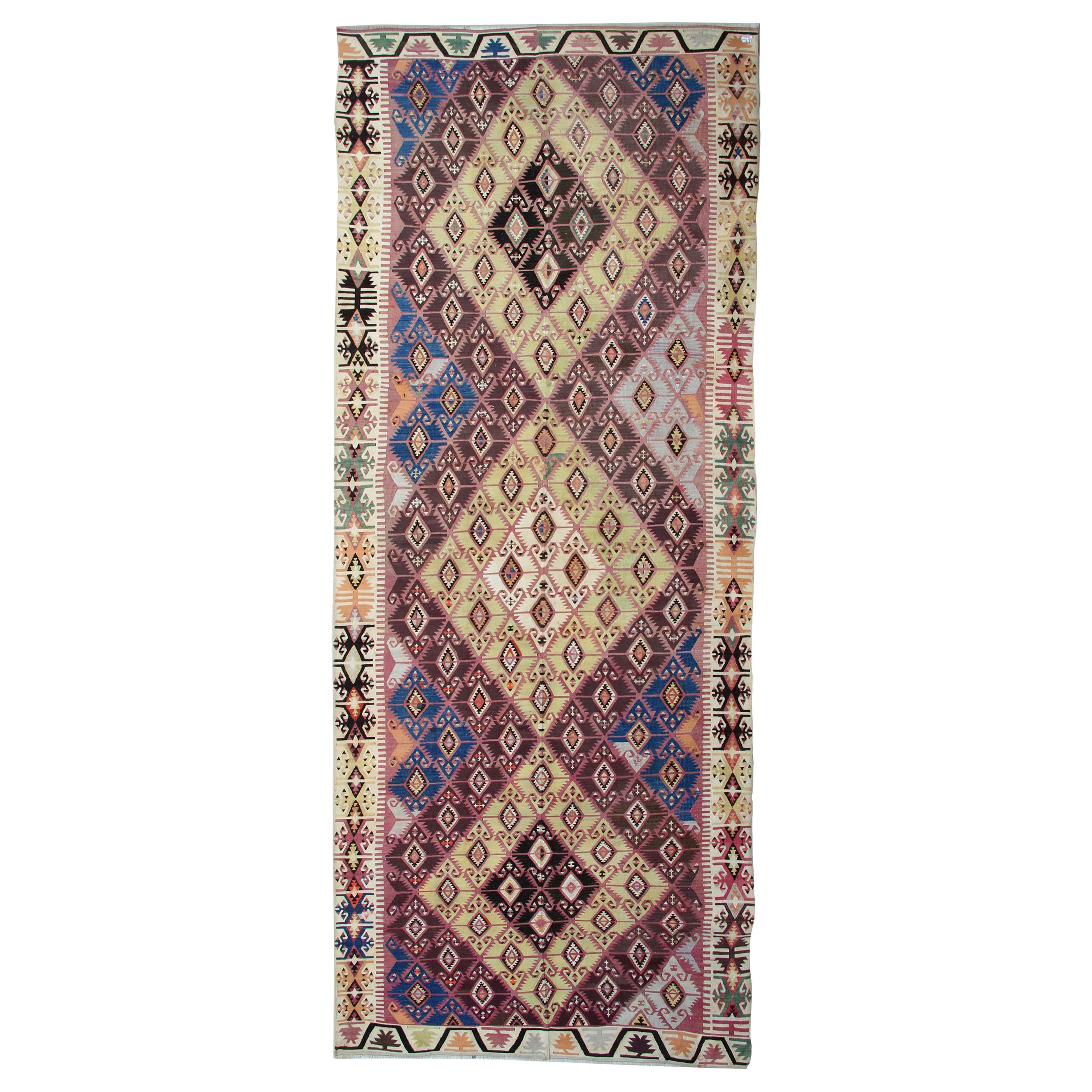 Antiker antiker Teppich, handgefertigter Orientteppich Türkischer Kelim-Läufer