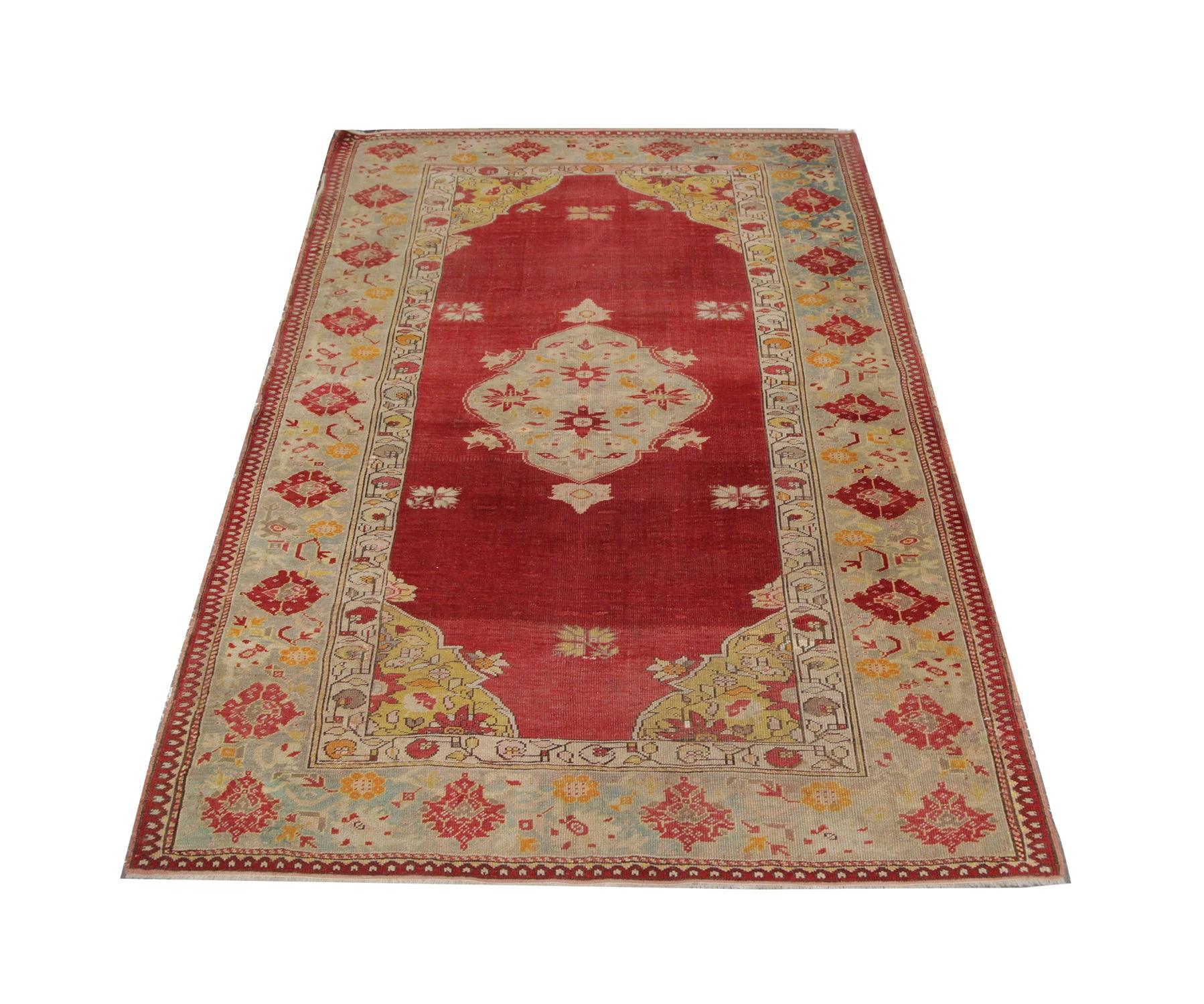 19th Century Antique Rug, Handmade Carpet Oriental Turkish Rug Red Wool Living Room Rugs For Sale