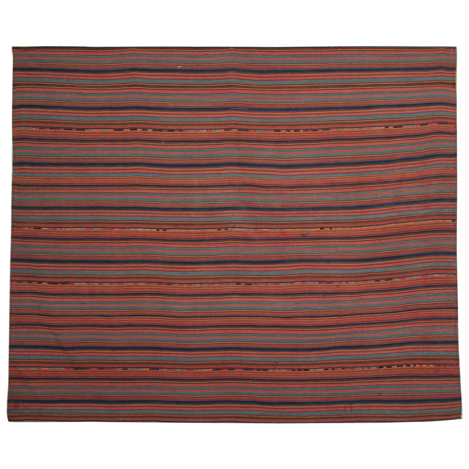 Antique Rugs Handwoven Jajim, Flat-Weave Striped Rug For Sale