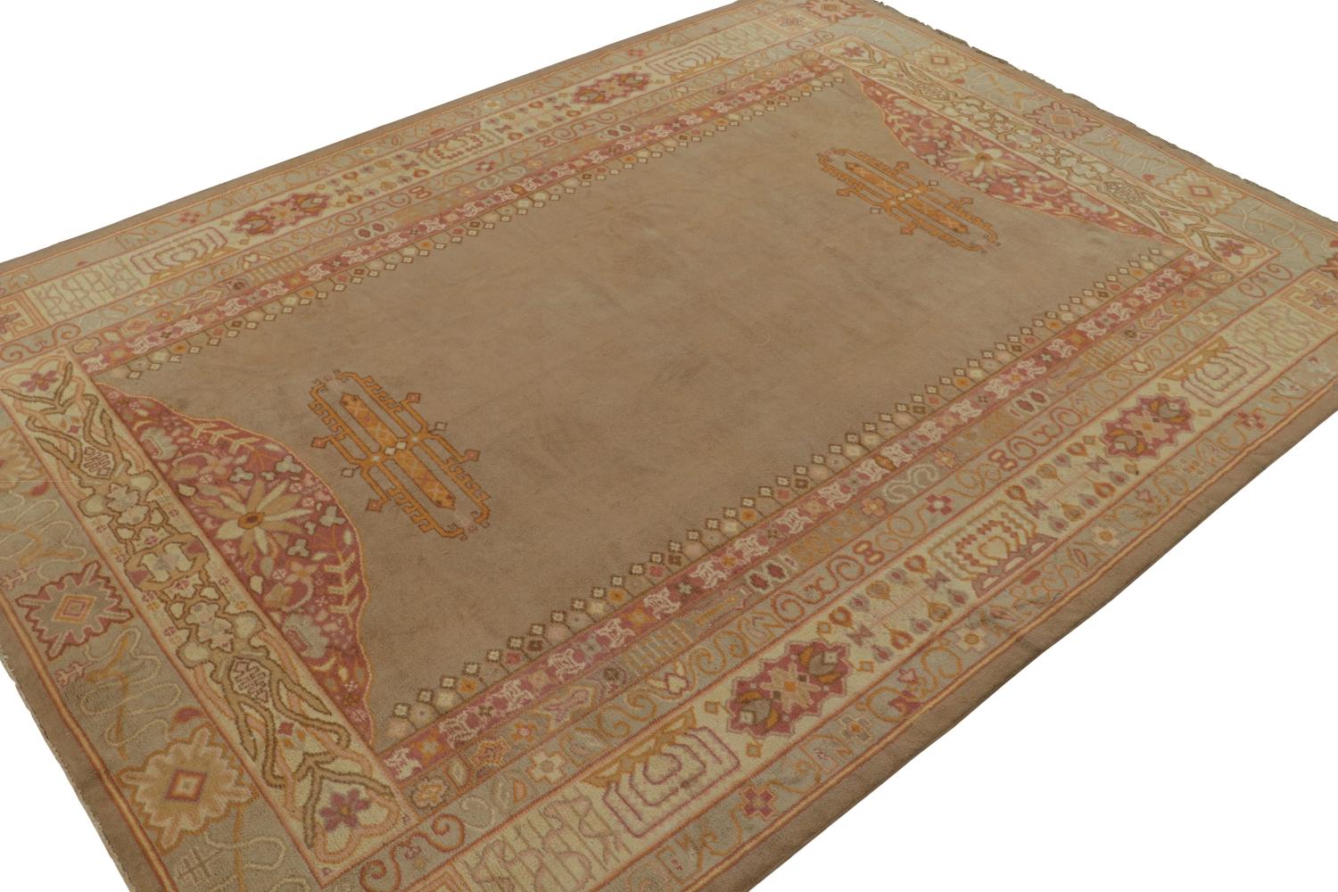 Hand-Knotted Antique Rug in Beige-Brown with Open Field & Geometric Borders For Sale