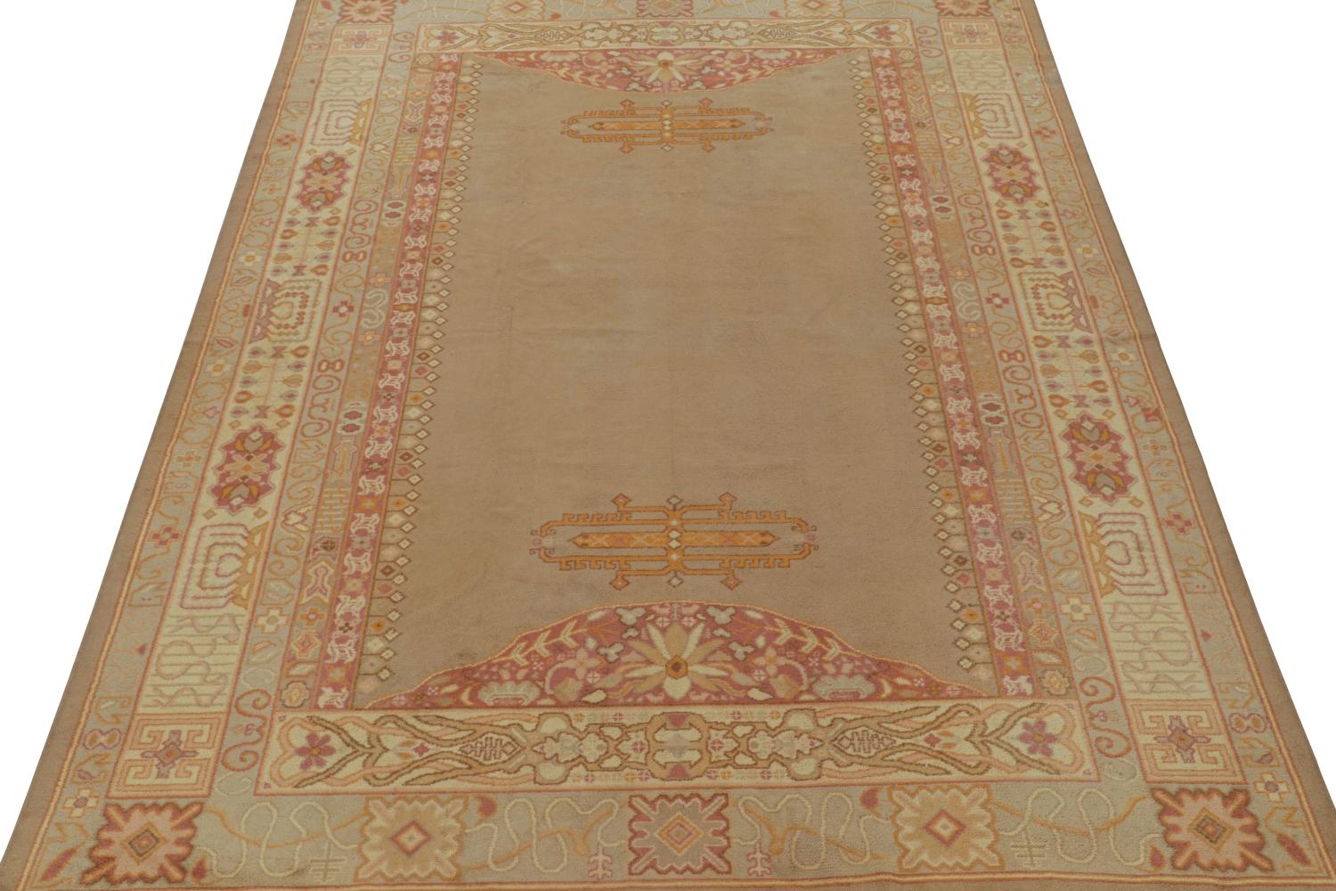 Antique Rug in Beige-Brown with Open Field & Geometric Borders In Good Condition For Sale In Long Island City, NY