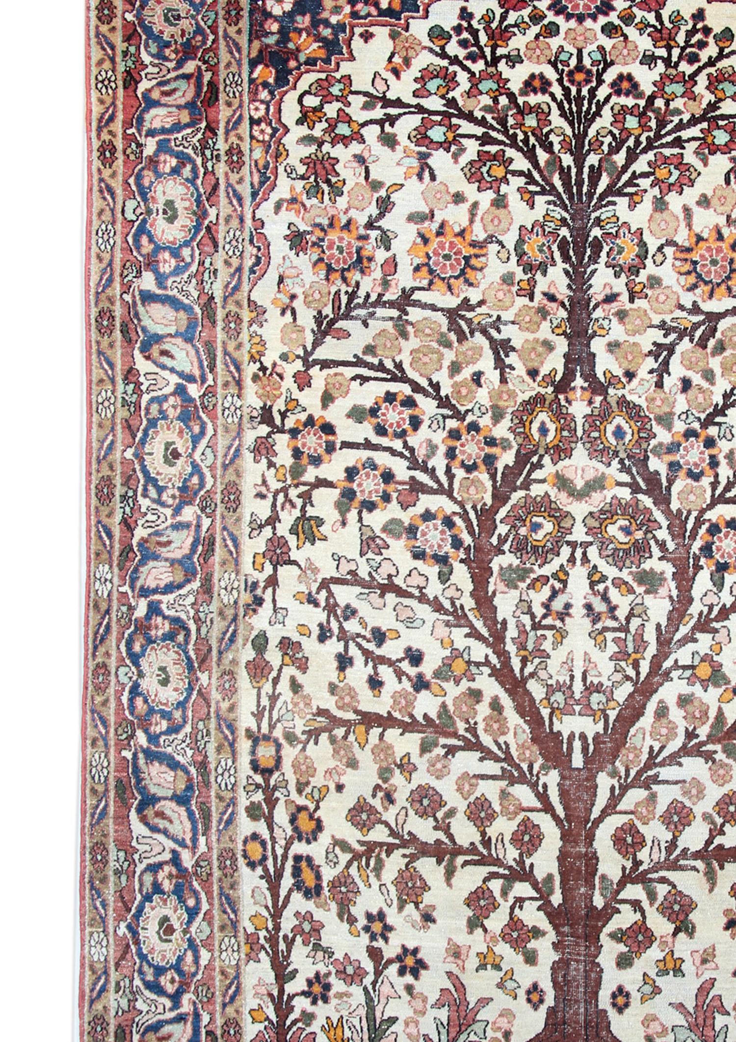 Antiker antiker Teppich Elfenbein Baum des Lebens Organischer handgewebter Orientteppich (Pflanzlich gefärbt) im Angebot