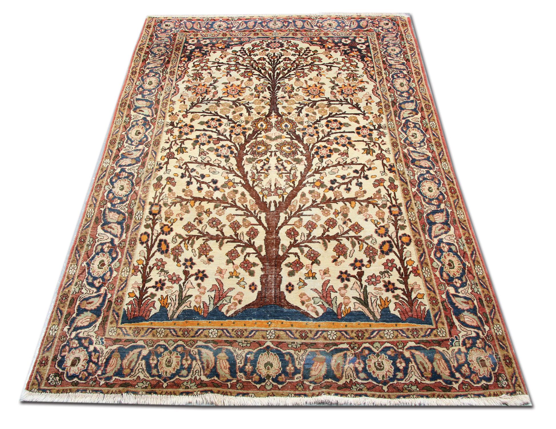Antique Rug Ivory Tree Of Life Organic Handwoven Oriental Area Rug In Excellent Condition For Sale In Hampshire, GB