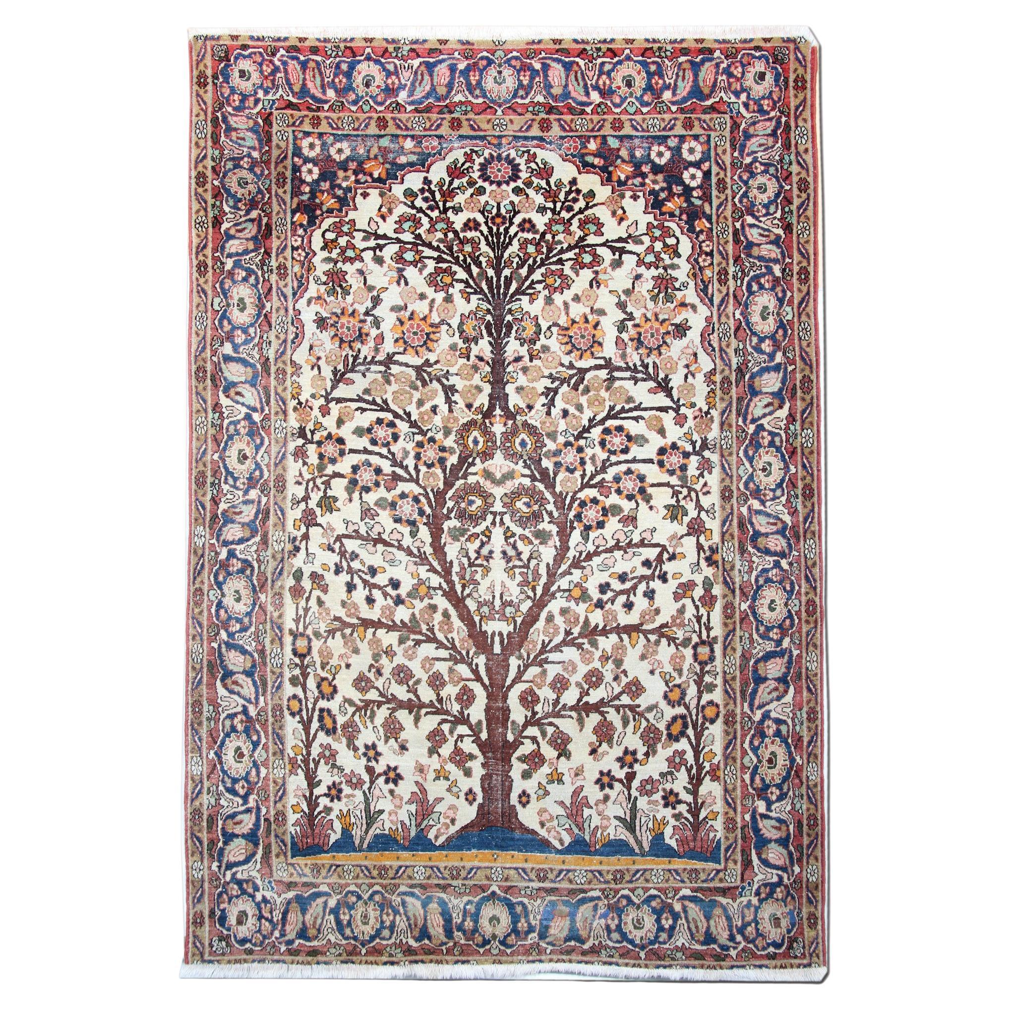 Antique Rug Ivory Tree Of Life Organic Handwoven Oriental Area Rug For Sale