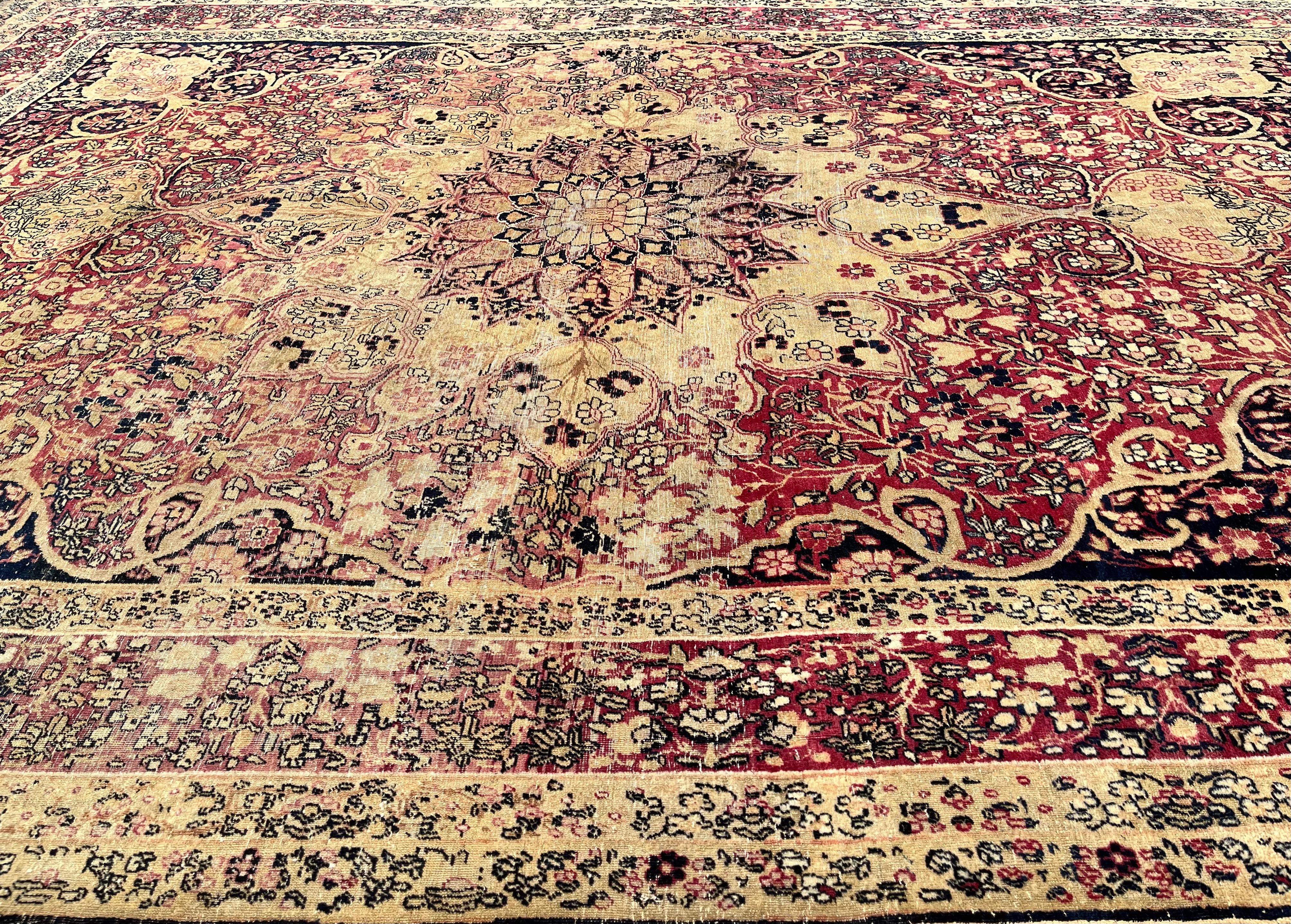 Hand-Woven Antique Rug  Kirman Raver. Late 19th For Sale