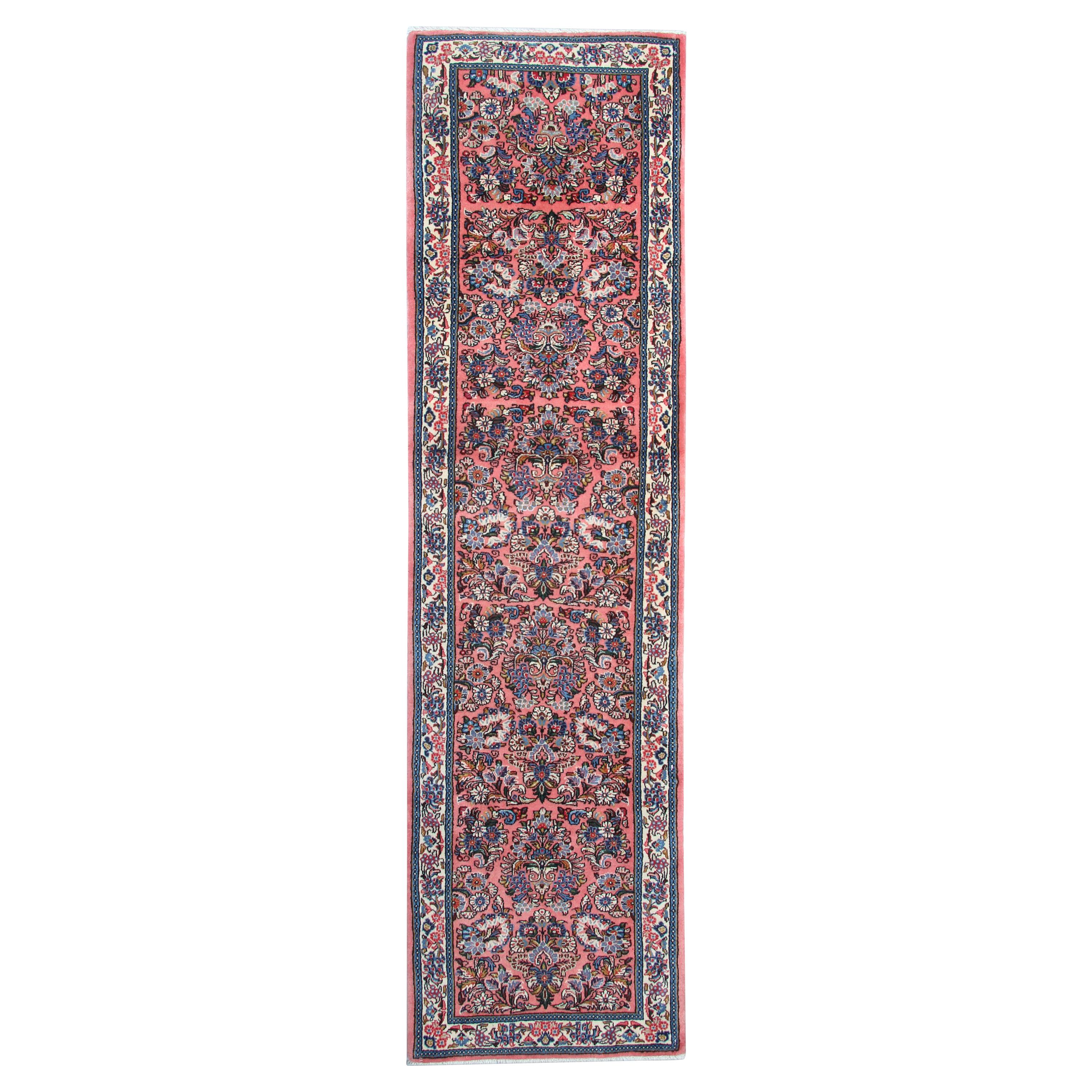 Antique Rug, Oriental Pink Wool Handwoven Traditional Carpet Runner Rug For Sale