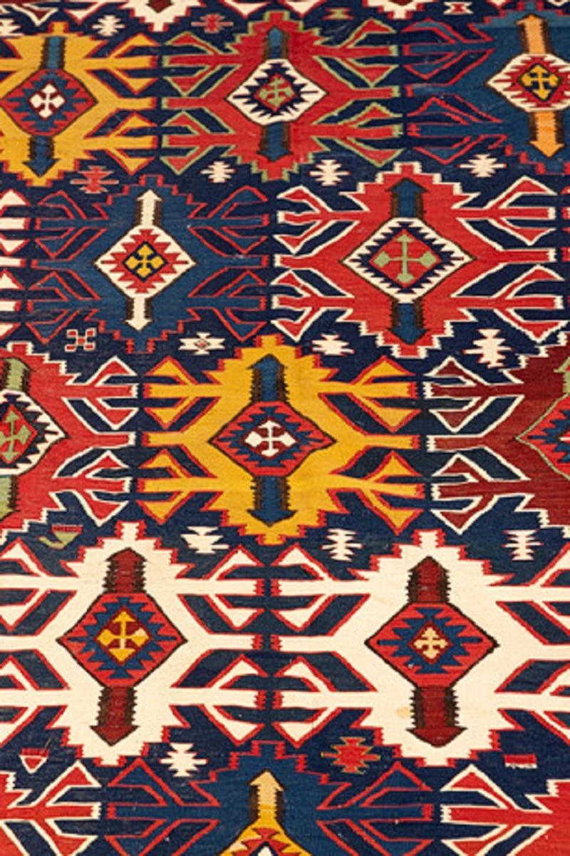Vegetable Dyed Antique Rug, Quba Kilim Rugs, Azerbaijani Handmade Geometric Oriental Rug For Sale