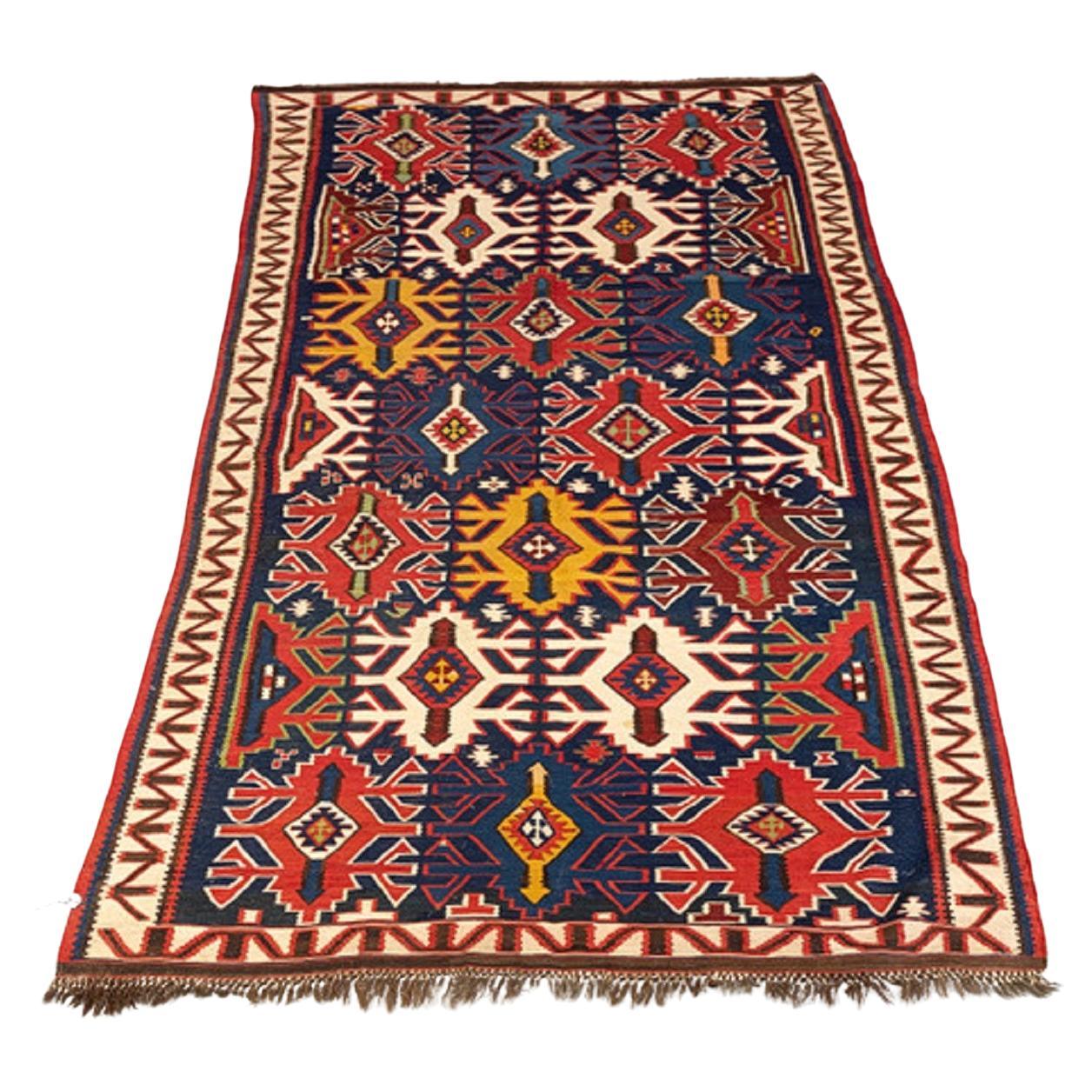 Antique Rug, Quba Kilim Rugs, Azerbaijani Handmade Geometric Oriental Rug For Sale