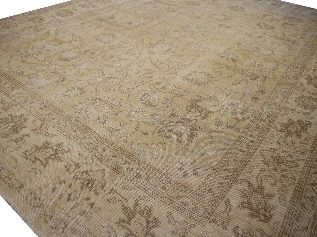 Hand-Knotted Tabriz Rug Room Size 8x11 ft Classic Vintage Muted Gray Beige Brown Hand Knotted For Sale