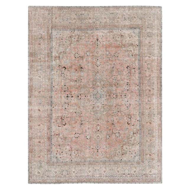 Antique Rug Hand Knotted Room Size Low Wool Pile Perfectly Muted Faded ...