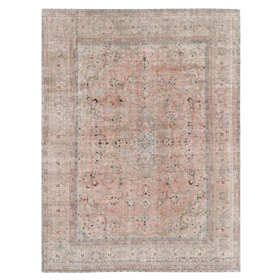 Antique Rug Hand Knotted Room Size Low Wool Pile Perfectly Muted Faded ...