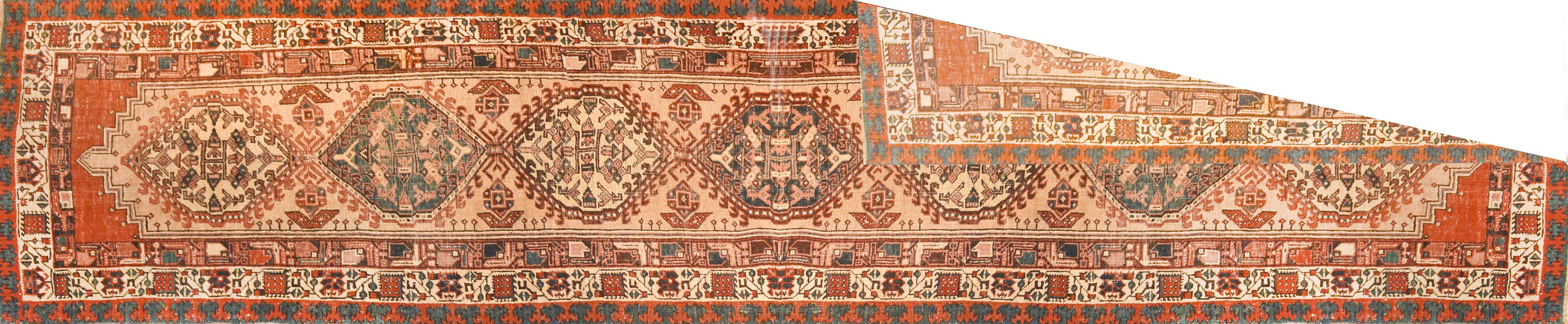 Serab rugs are known for their fine long rugs or runners with a characteristic camel ground and lozenge-shaped medallions. These rugs are woven in the village of Serab, located near Heriz in Persia. They are now used as a trade name for certain