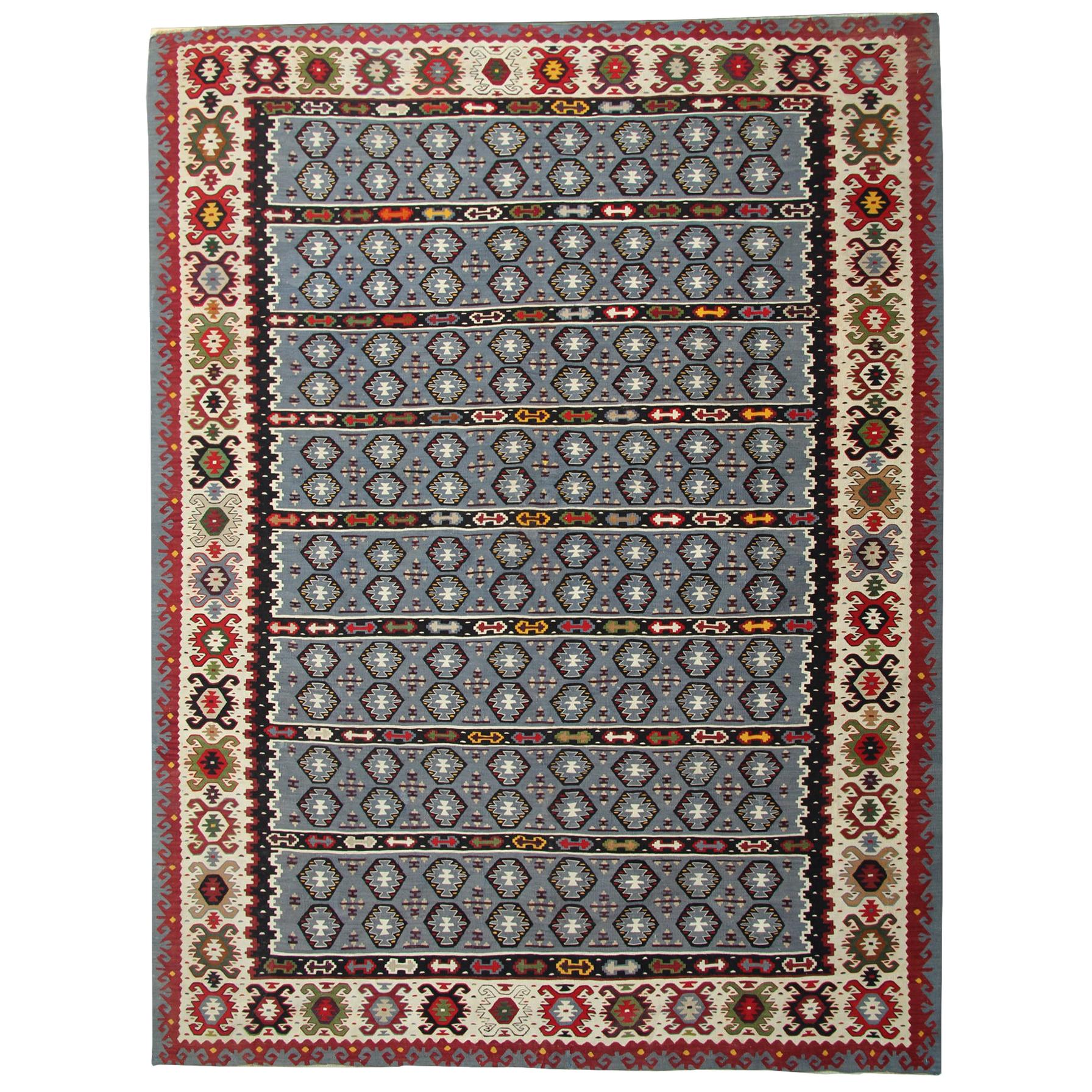 Tapis antique Serbie, tapis artisanal Kilim vintage, tapis géométrique oriental