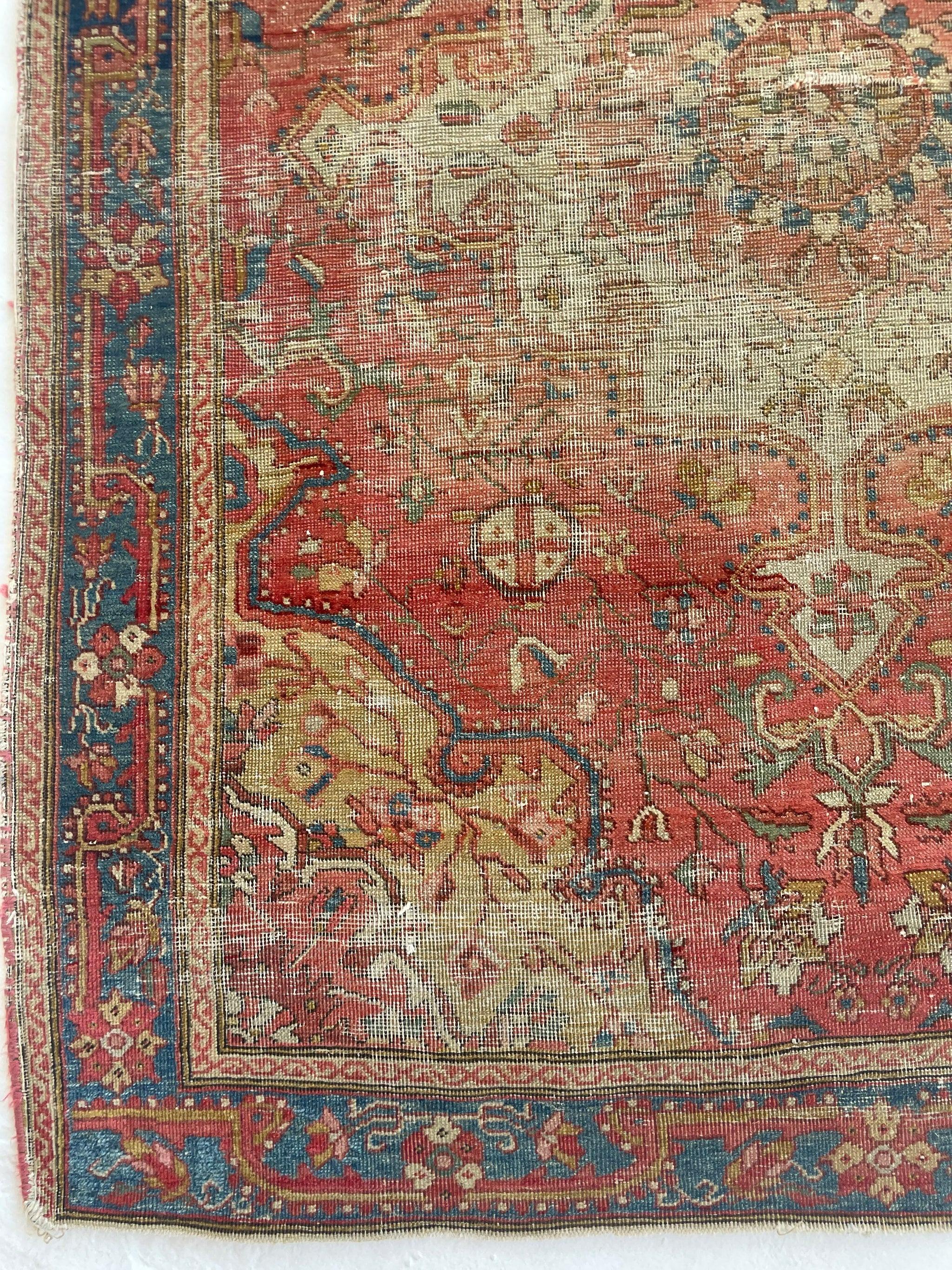 Super Fine Antique Rug Squarish size camel Corners with Soft Pinks, Rust, Ice Blue & Mint Green

Size: 3.7 x 4.6
Age: Antique, C. 1910
Pile: Low with amazing age-related wear with one corner of the piece worn in a little

This rug is