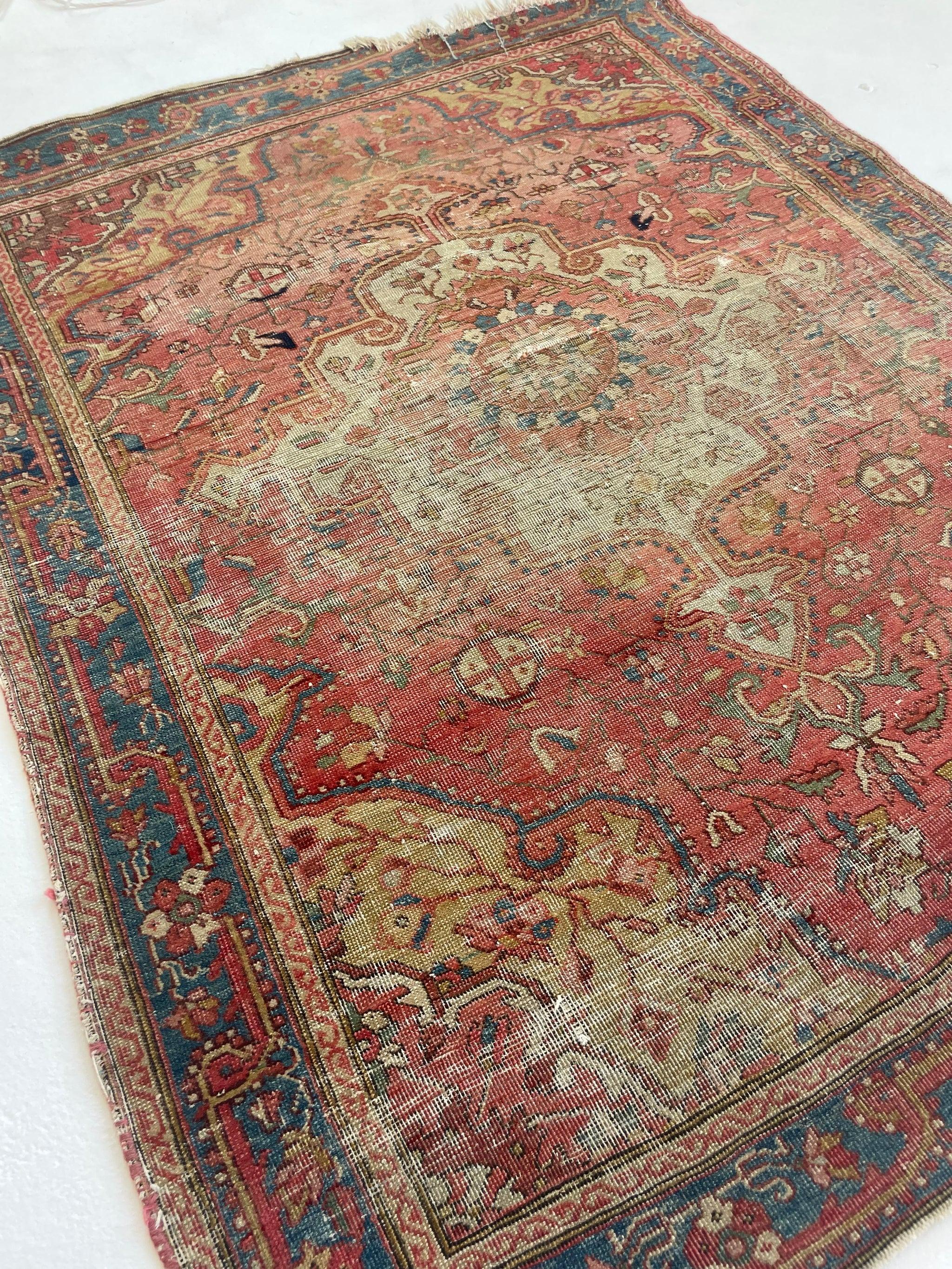 Antique Rug Squarish Size with Camel Corners, c.1910 In Good Condition For Sale In Milwaukee, WI