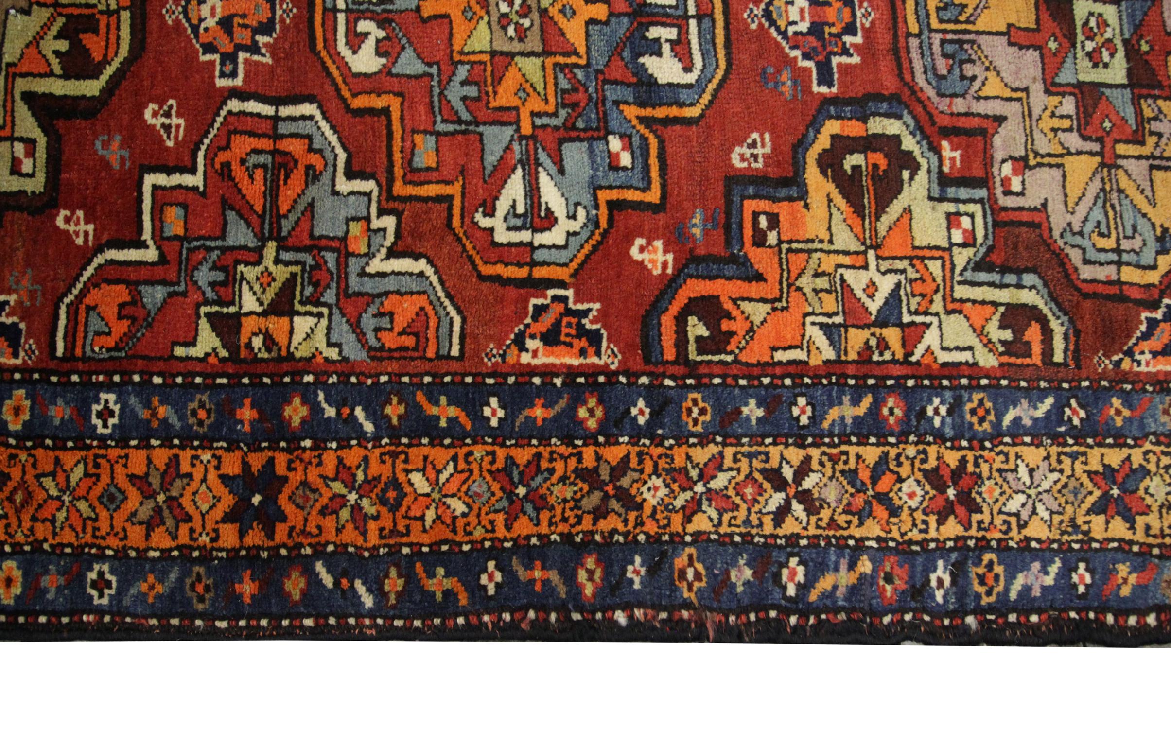 Hand-Knotted Antique Rug, Turkmen Oriental Runner, Caucasian Living Room Carpet Runner For Sale