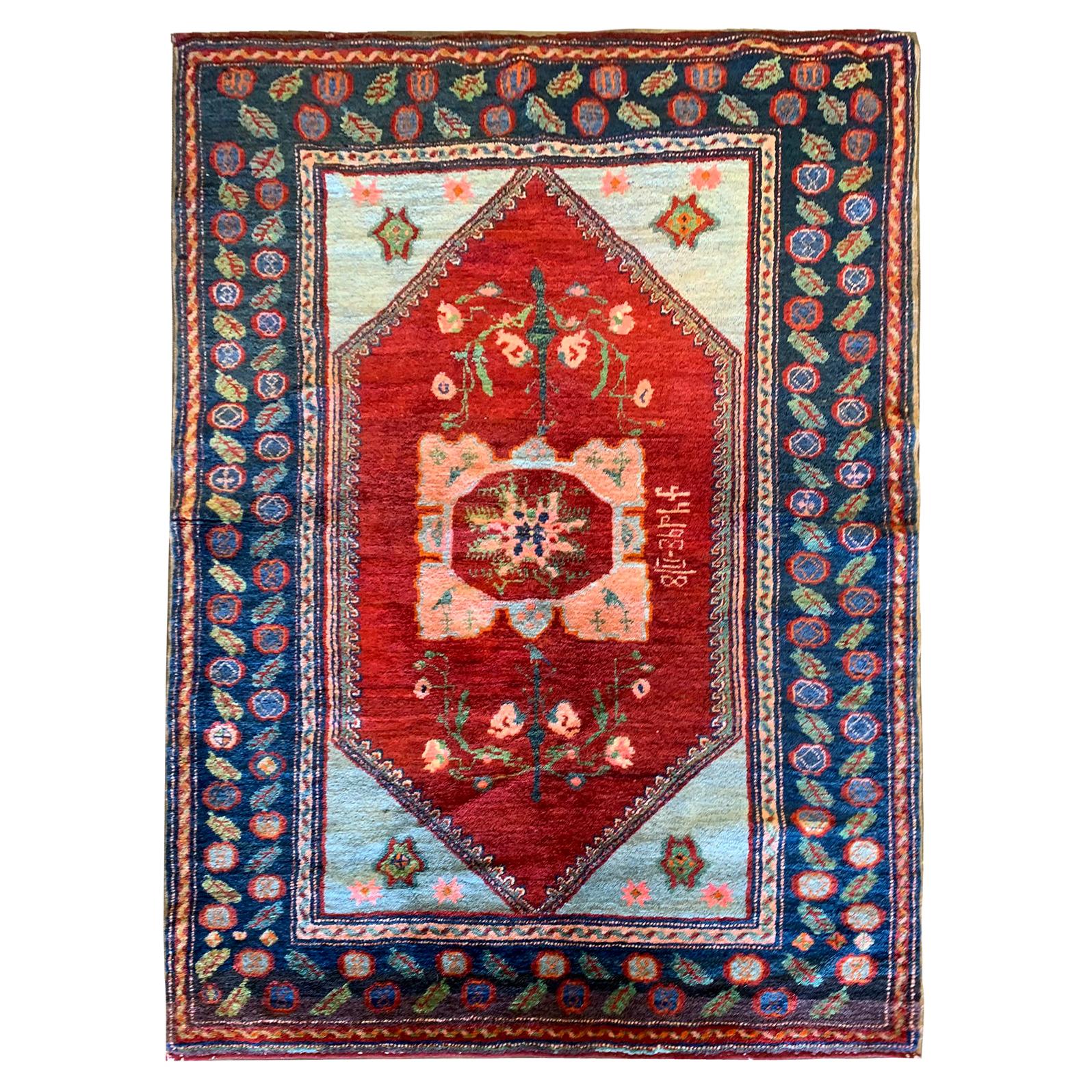 Antiker Armenischer Teppich, handgewebter Teppich aus blauer und roter Wolle