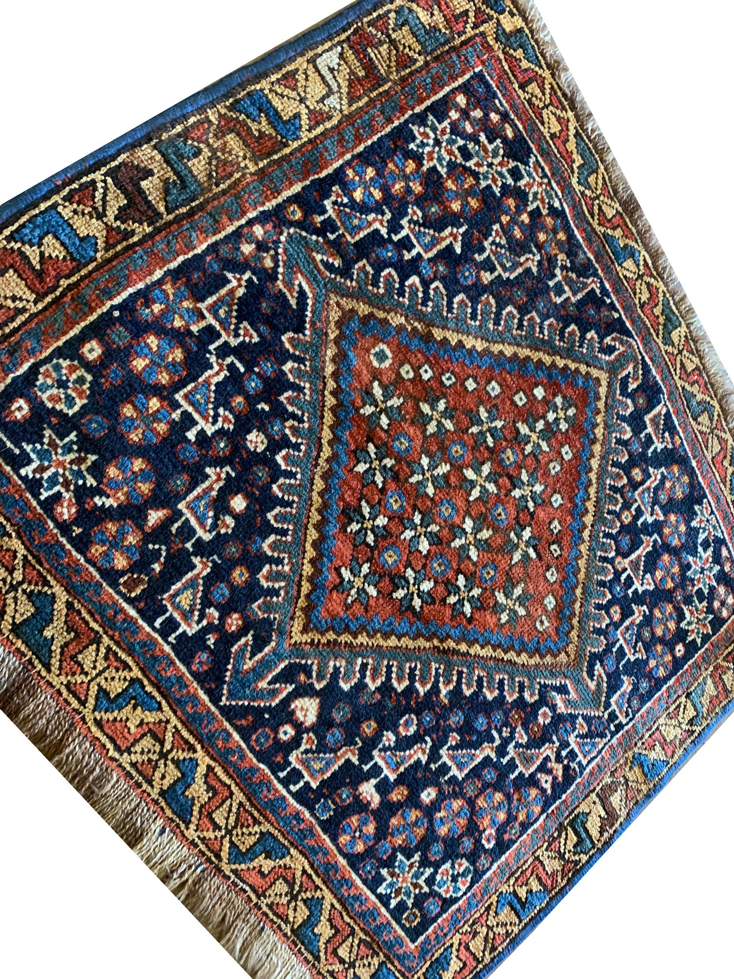 Tribal Antique Rugs Blue Caucasian Rug, Small Handmade Oriental Wool Carpet For Sale