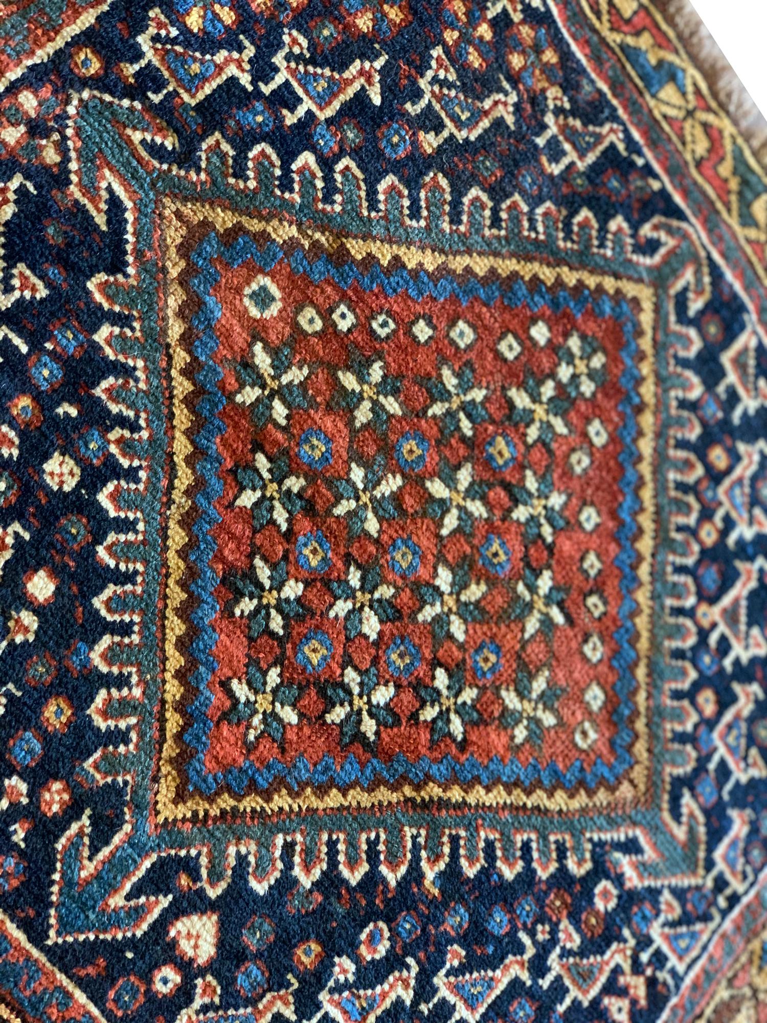 Azerbaijani Antique Rugs Blue Caucasian Rug, Small Handmade Oriental Wool Carpet For Sale