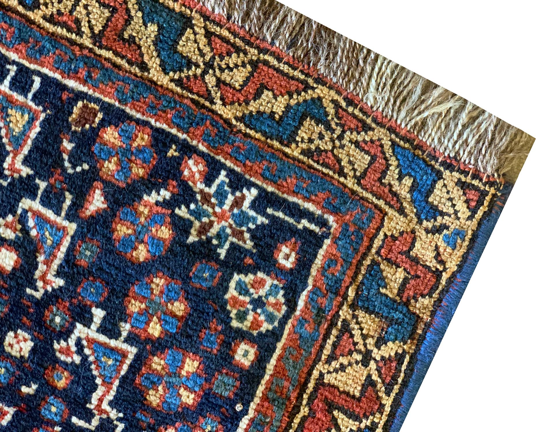 Vegetable Dyed Antique Rugs Blue Caucasian Rug, Small Handmade Oriental Wool Carpet For Sale