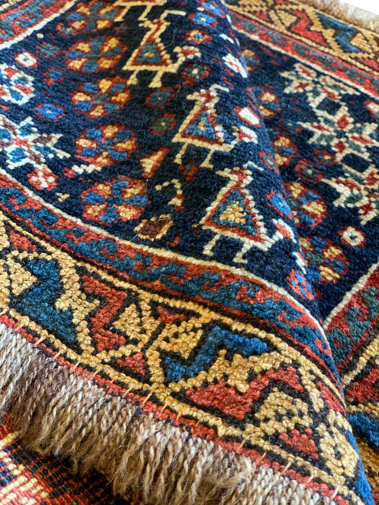 19th Century Antique Rugs Blue Caucasian Rug, Small Handmade Oriental Wool Carpet For Sale