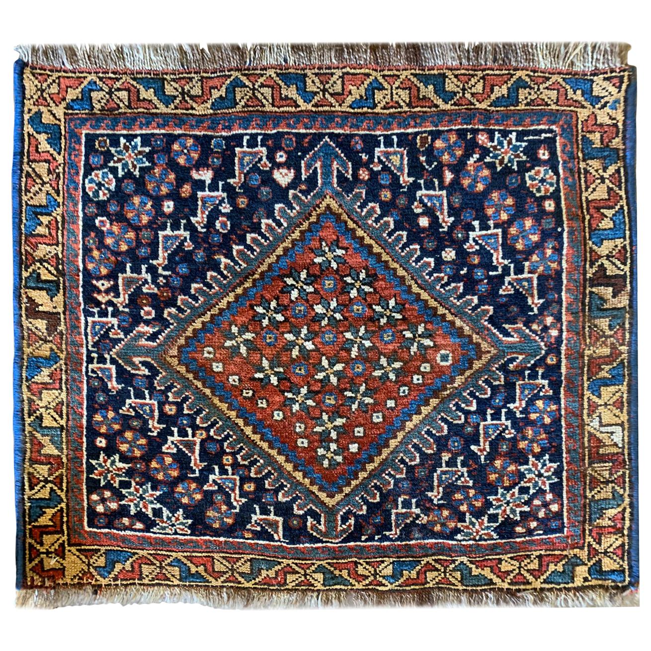 Alfombras Antiguas Alfombra Caucásica Azul, Pequeña Alfombra de Lana Oriental Hecha a Mano