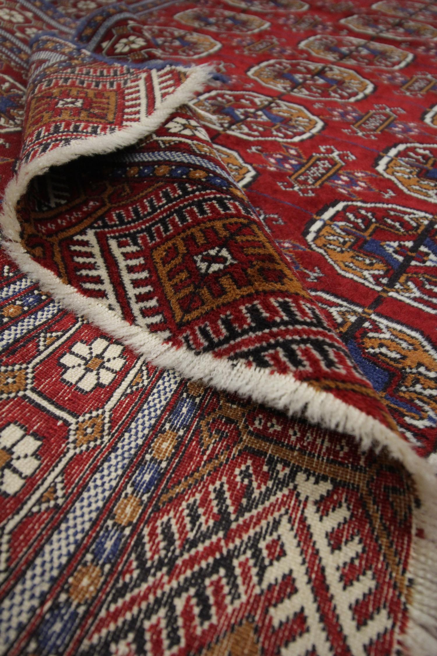 Woven Antique Rugs Bukhara Area Rug Handwoven Red Wool Oriental Carpet For Sale