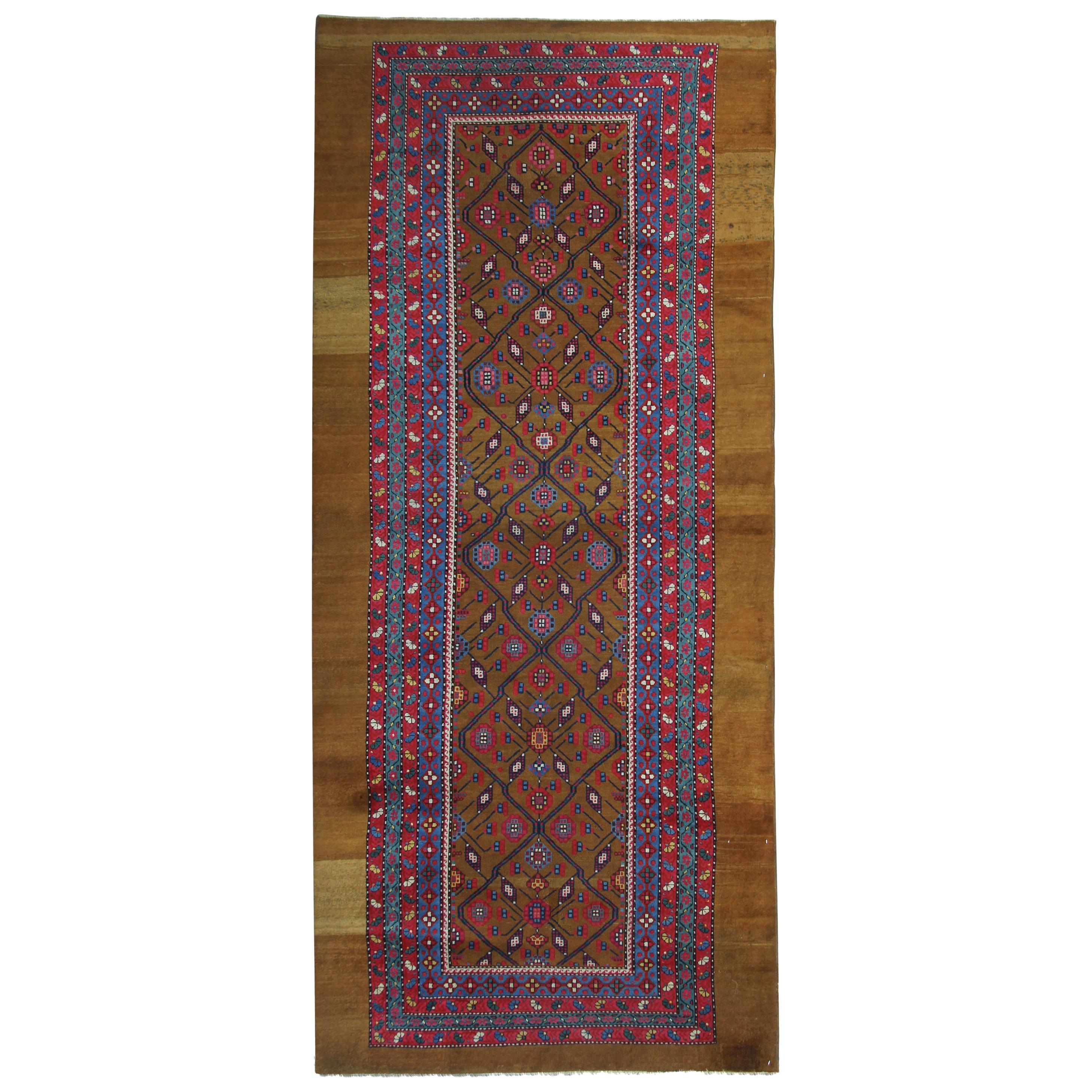 Tapis anciens, tapis de couloir caucasien en pure laine camel faits à la main, tapis orientaux en vente