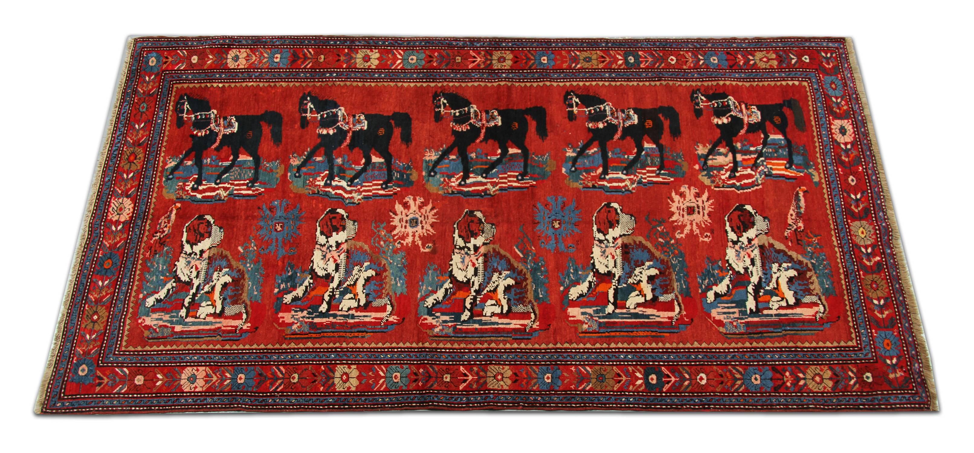 An excellent example of traditional Caucasian carpet rug weaving from the Karabagh region. These pictorial animal design patterned rugs can be the best element of home decor objects to give warmth to the environment because this woven rug has a