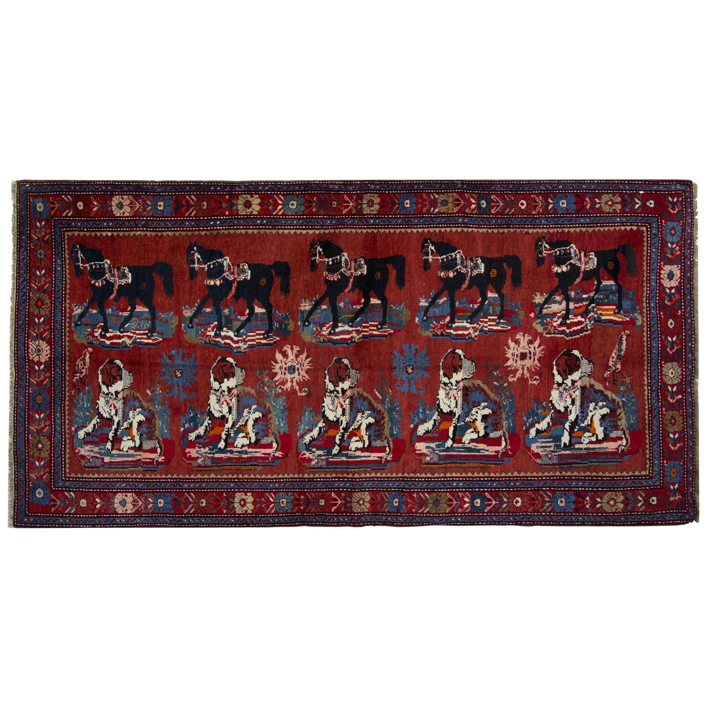 Antique Rugs Caucasian Karabagh, Red Floor Rugs, Animal Design Handmade Carpet