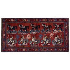 Vintage Rugs Caucasian Karabagh, Red Floor Rugs, Animal Design Handmade Carpet